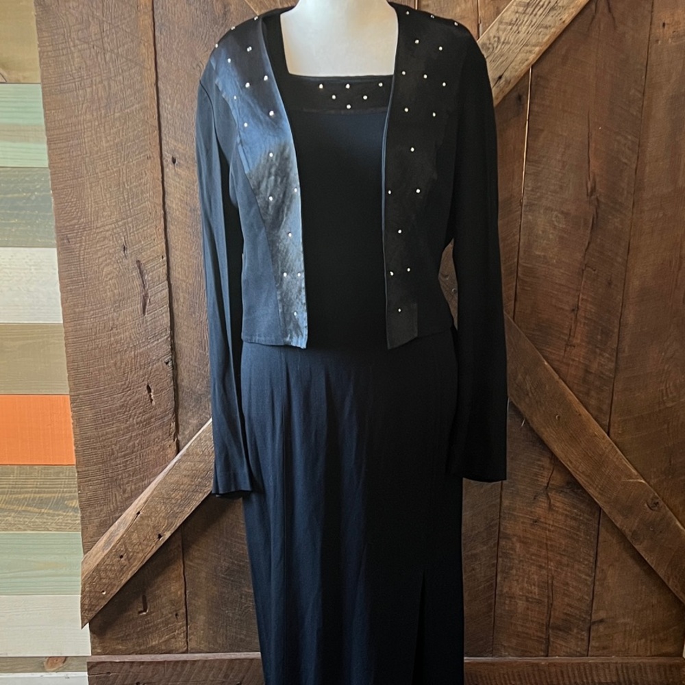 Vintage D.J. Summers 2 Pc Black Evening Dress Set 18T Tall Rhinestone Formal